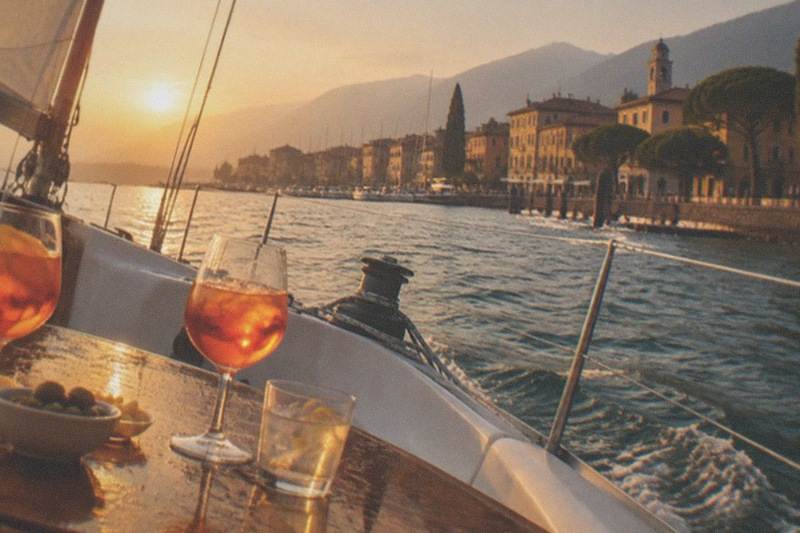 From a sailboat at sunset, orange drinks, a water glass and olives sit on a table facing a Lake Garda lakeside town and mountains.