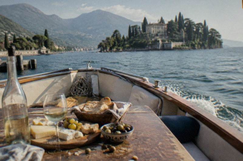 Wooden boat on Lake Garda with wine, cheese, bread and olives on a table, an island villa and cypress trees across the water.