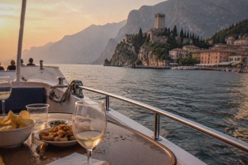 A cruise boat off Malcesine fills with evening light, plates and drinks set out on deck while passengers face the sun dropping behind the mountains on the far western shore.