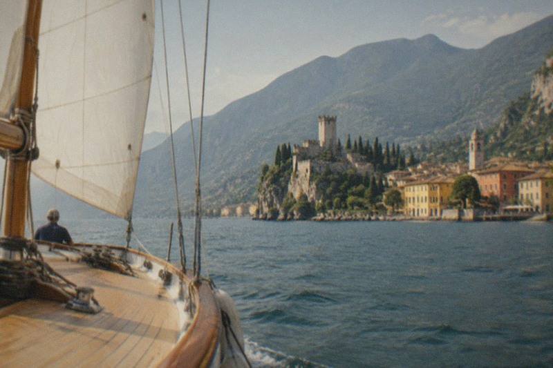 From a wooden sailboat bow, a person sits facing a Lake Garda lakeside town with a hilltop castle, church tower and steep mountains beyond.