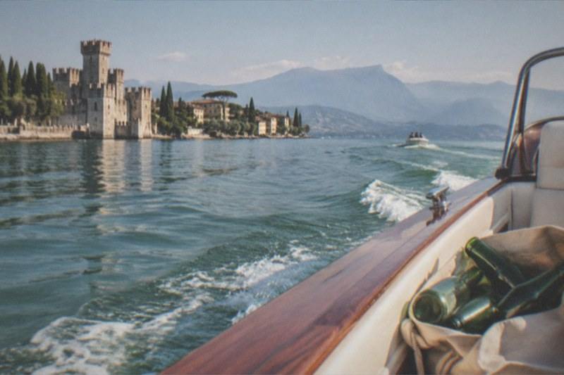 From a wooden motorboat on Lake Garda: stone castle and cypresses on the left shore, mountains beyond, a distant boat, and green bottles in a bag on the right.