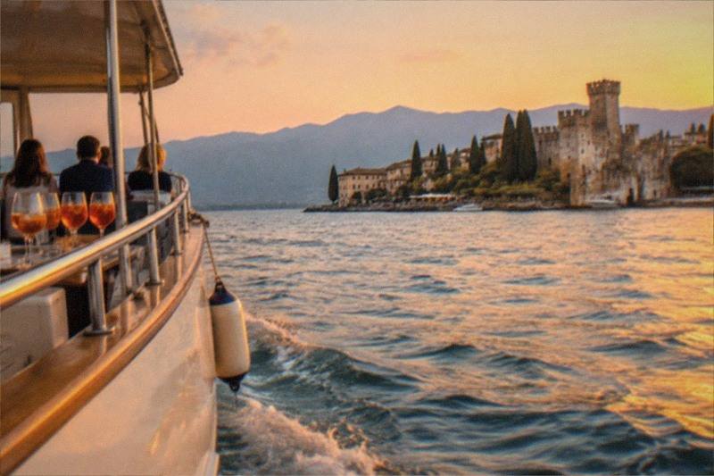 Passengers on a boat look toward a Lake Garda lakeside castle and mountains at sunset, drinks on the rail and a wake in golden water.