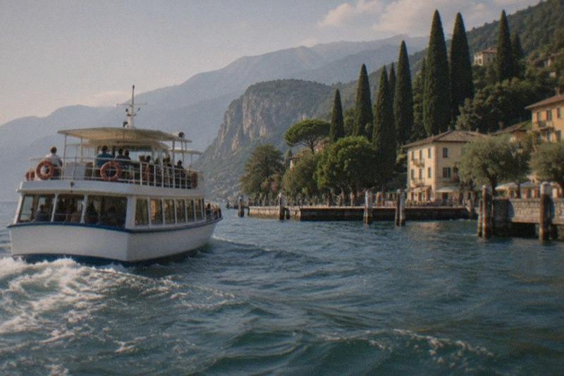 A white passenger boat with people on deck moves away from a Lake Garda lakeside town of houses and tall cypress trees, mountains beyond.