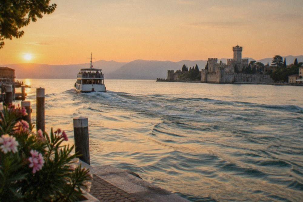 A passenger boat leaving a Lake Garda harbour with a stone fortress town visible across the water