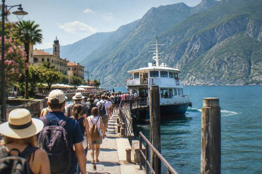 A crowded passenger ferry departure pier with a queue of visitors waiting in summer sunshine