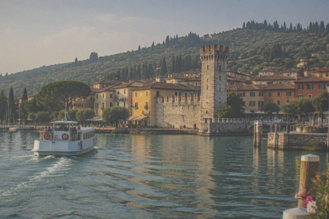 A passenger boat crossing calm water toward a lakeside town with a stone tower and olive covered hills behind it