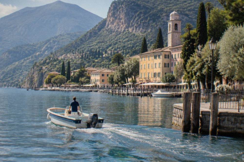 A person stands in a small motorboat leaving a wake on Lake Garda beside a village of yellow buildings, a church tower and mountains.