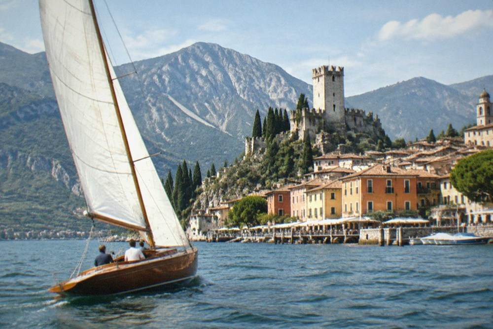 Wooden sailboat under way on Lake Garda off Malcesine with the town and mountain behind