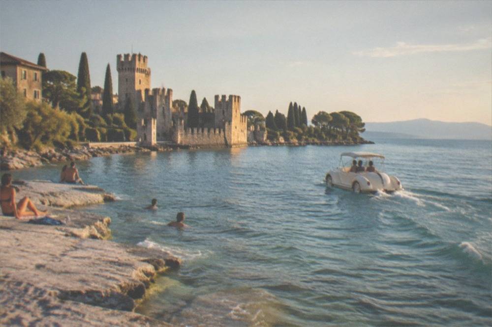 A white car-shaped boat motors past a Lake Garda lakeside castle while people swim and sit on a rocky shore.