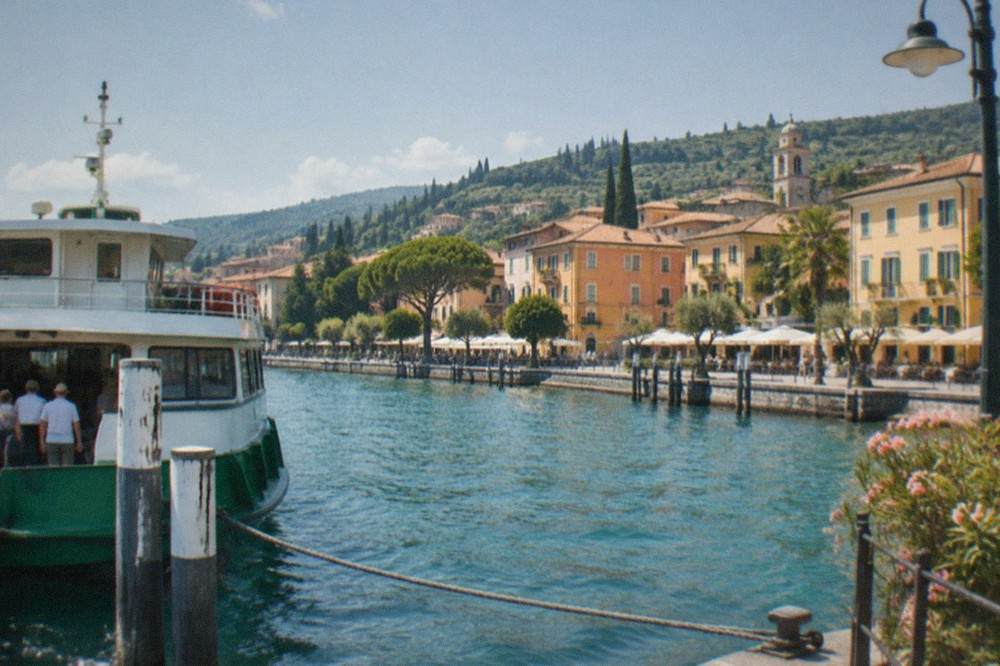 A passenger ferry moored at a lakeside landing stage with a historic town rising behind it