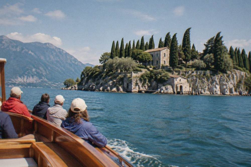 A wooden boat on Lake Garda with passengers in light jackets and hats sitting in the sun near a rocky shoreline