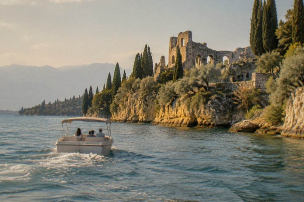 A small boat cruising past rocky cliffs and cypress trees on a peninsula shoreline reaching into a wide lake.