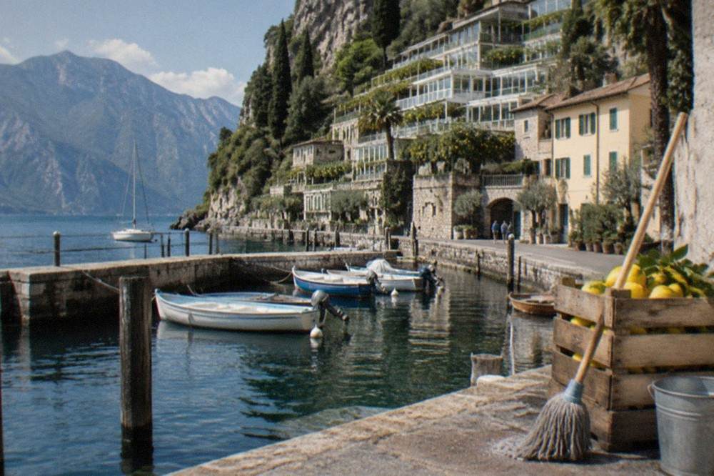 Harbour with moored boats, cliffside houses and mountains beyond, a crate of lemons and a mop in the foreground, on Lake Garda.