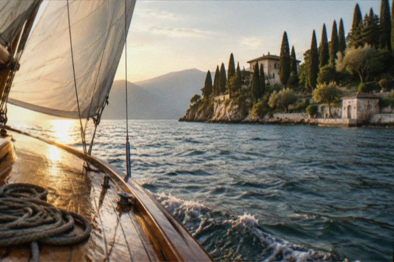 From a wooden sailboat deck with coiled rope and sails, looking toward a villa, cypress trees, and mountains across sunlit water, on Lake Garda.