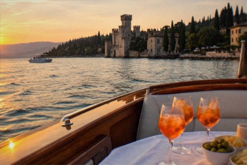 A boat at anchor off a Lake Garda promontory at dusk, wine glasses on the stern table, the water turning gold and rose as the sun drops behind mountains on the horizon in Italy.