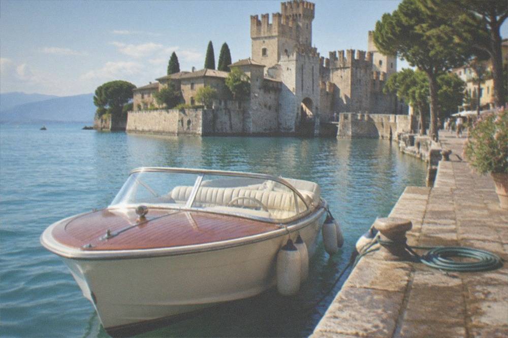 A bright small motorboat with a car-style body moored beside a stone quay