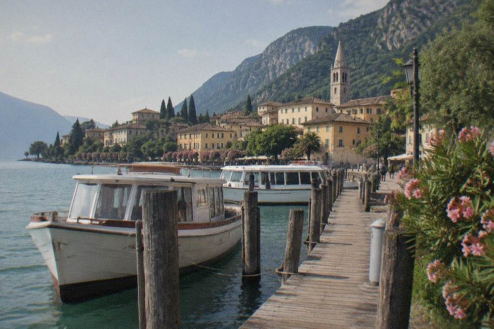A wooden pier on Lake Garda with small cruise boats moored beside a walled lakeside town