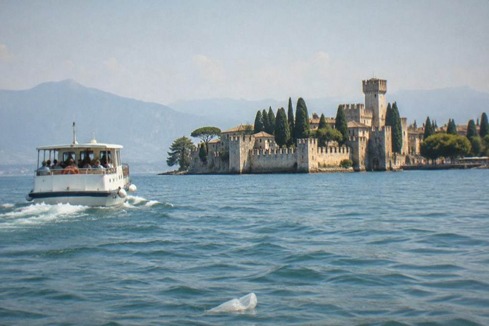 A cruise boat crossing open water toward a fortified peninsula town on Lake Garda
