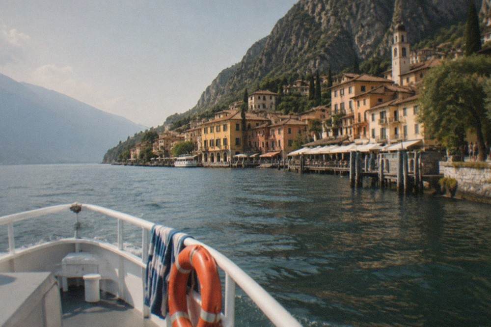 A small passenger ferry crossing open water toward the pastel houses of Limone sul Garda