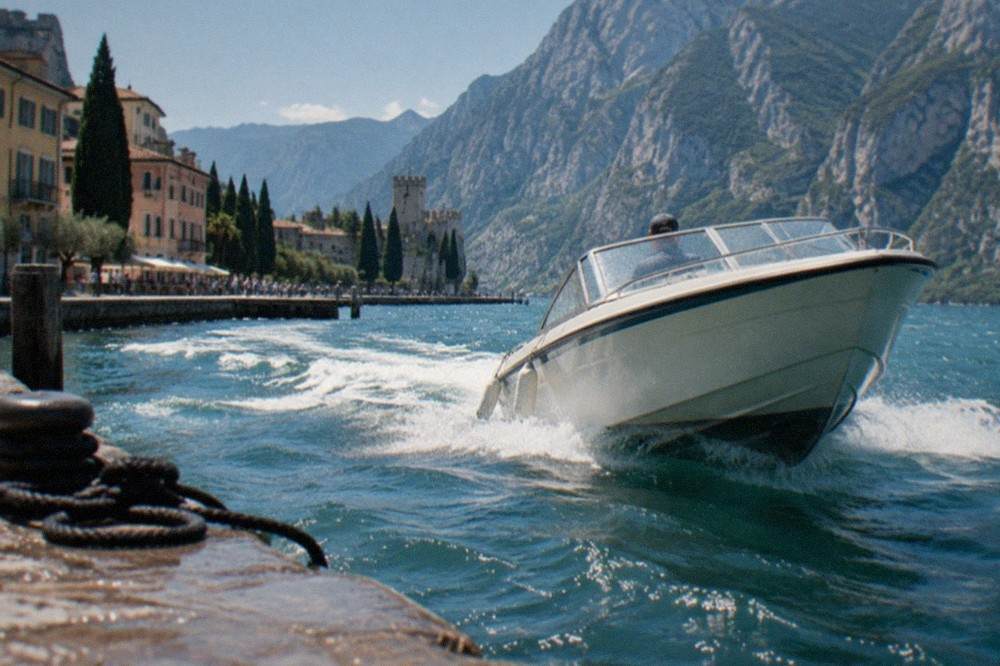 A speedboat crossing open water near Riva del Garda with cliffs in the background