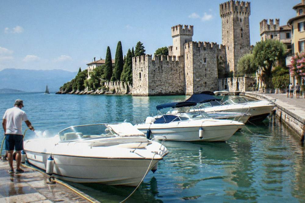 Rental motorboats tied up along a harbour wall in a lakeside town