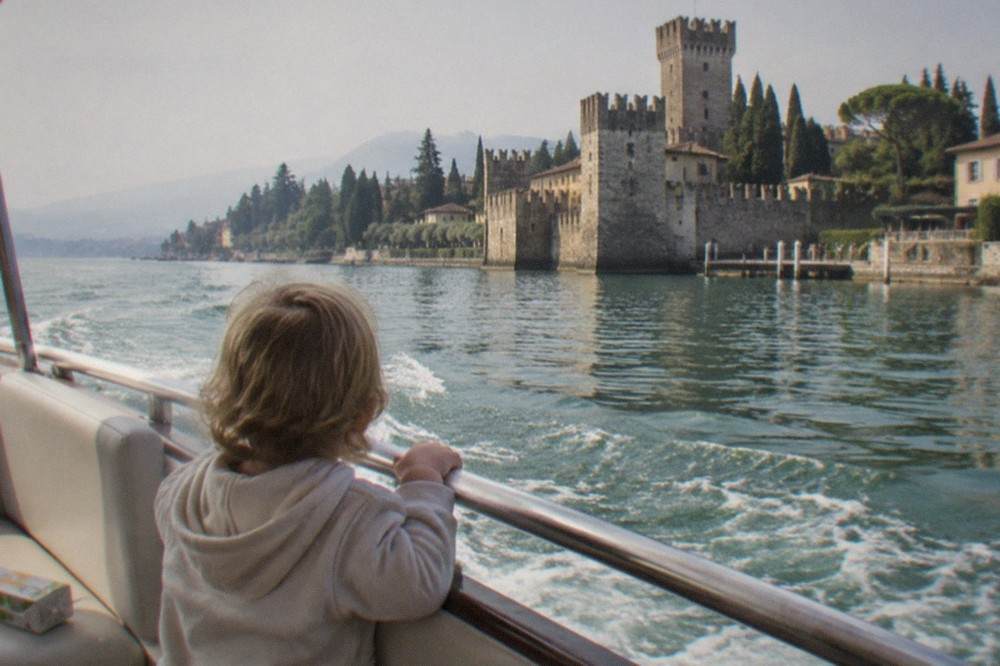 A toddler looking over the side of a boat at the green water near Sirmione