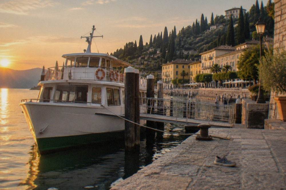 A passenger ferry moored at a Lake Garda landing stage with hills behind