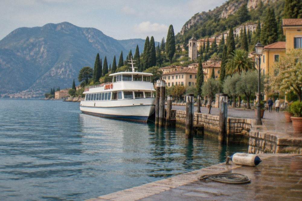 A passenger ferry moored at a stone landing stage on a Lake Garda waterfront