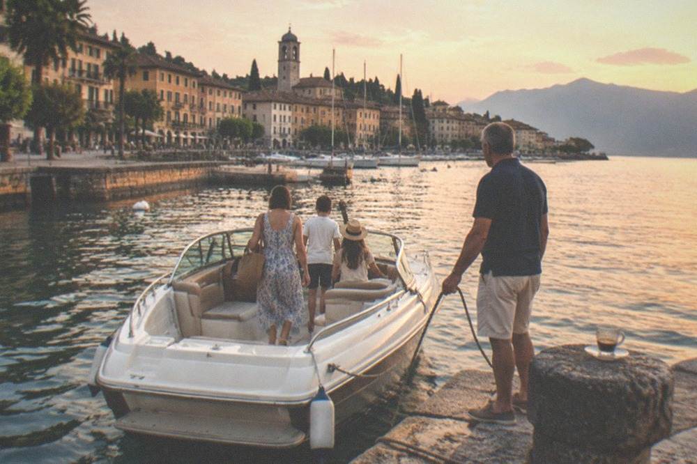 A family boarding a small motorboat at a Lake Garda jetty while the skipper holds the rope