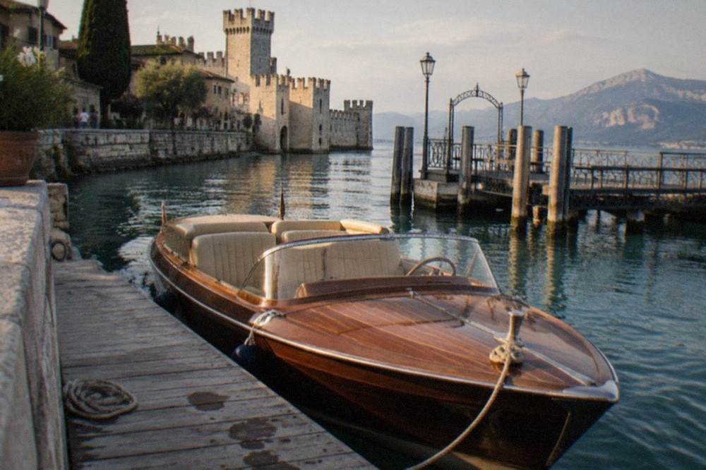 A polished wooden launch with leather seats moored at a Sirmione jetty