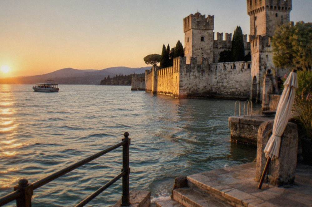 Lakeside stone castle with towers at sunset, a small boat on the water, metal railing and a closed umbrella on stone steps in the foreground, on Lake Garda.