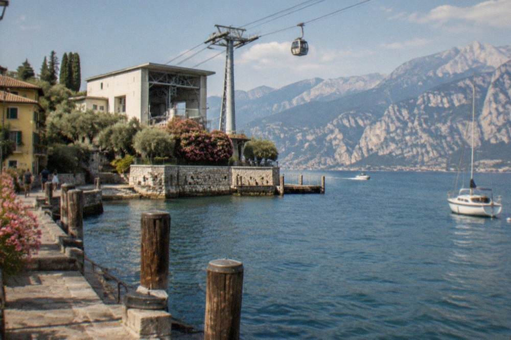 Cable car station at the edge of Malcesine with the lake and distant mountains beyond