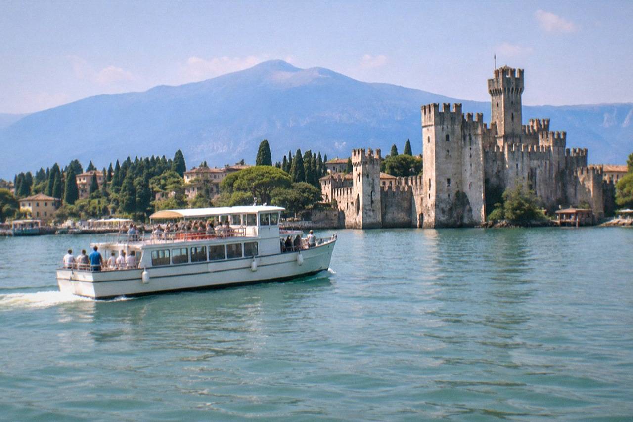 A white passenger boat with people on deck moves across Lake Garda toward a stone castle with towers, mountains and trees behind.