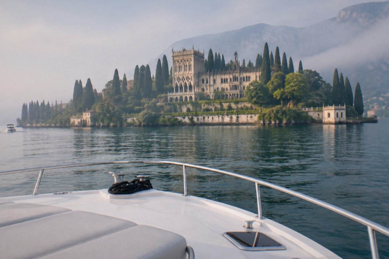 From a white boat bow with cushions and rail, a grand Lake Garda lakeside villa and cypress trees sit under hazy mountains, a small boat far left.