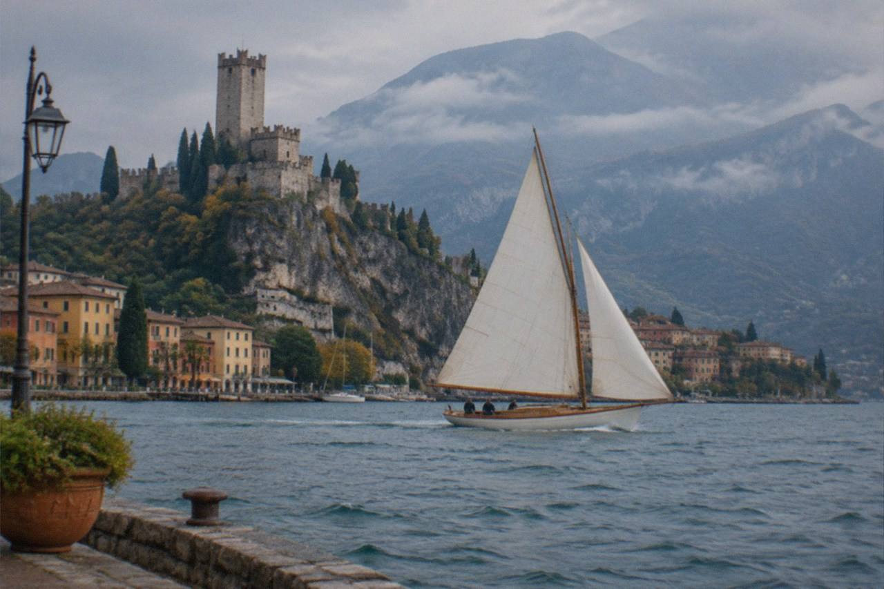 A two-sailed yacht crosses Lake Garda past a hilltop castle and lakeside village, with mountains beyond and a lamp and planter on the quay.