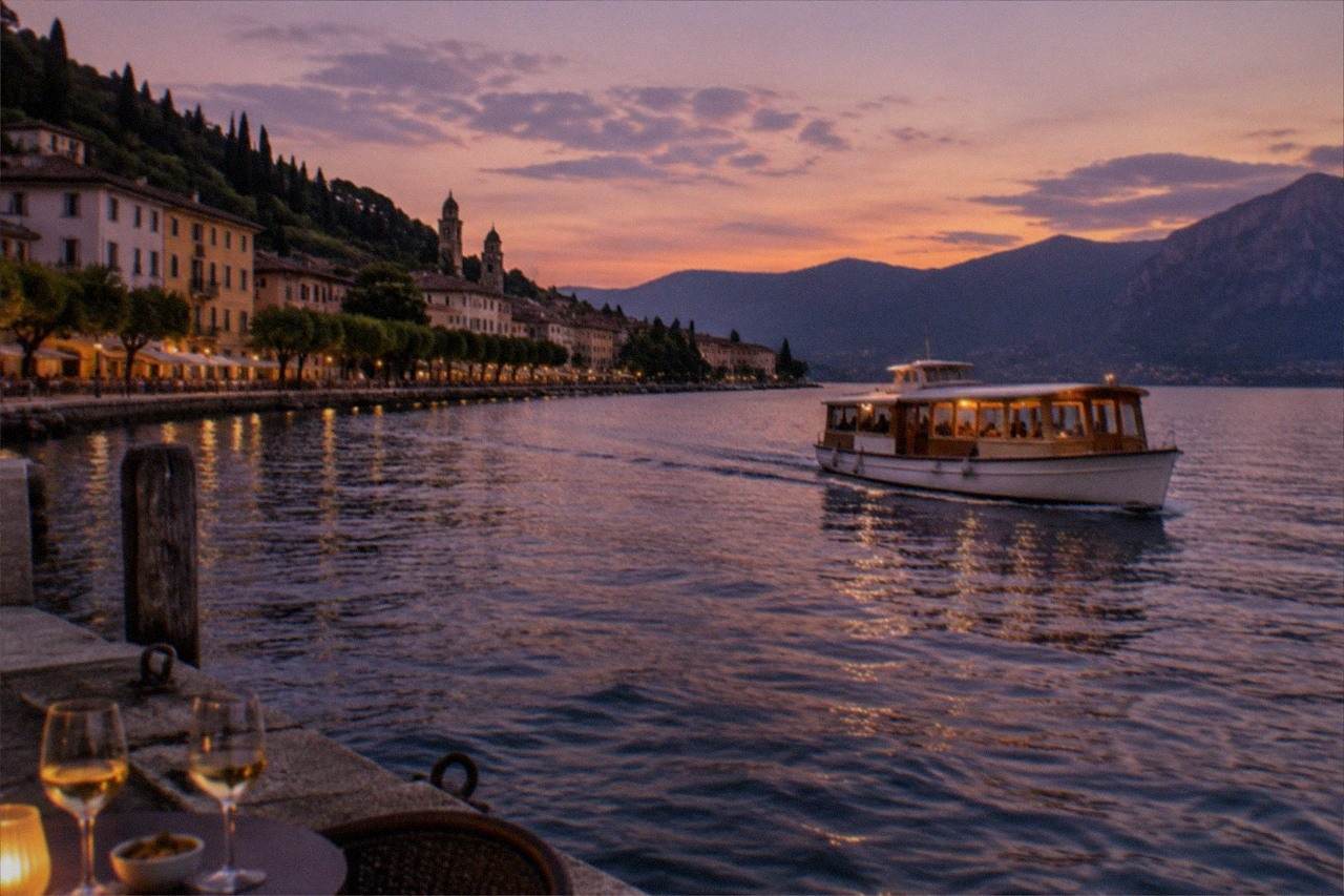 Dusk lake scene with a lit white passenger boat, a waterfront town and mountains, and two wine glasses plus a candle on a table in the foreground, on Lake Garda.